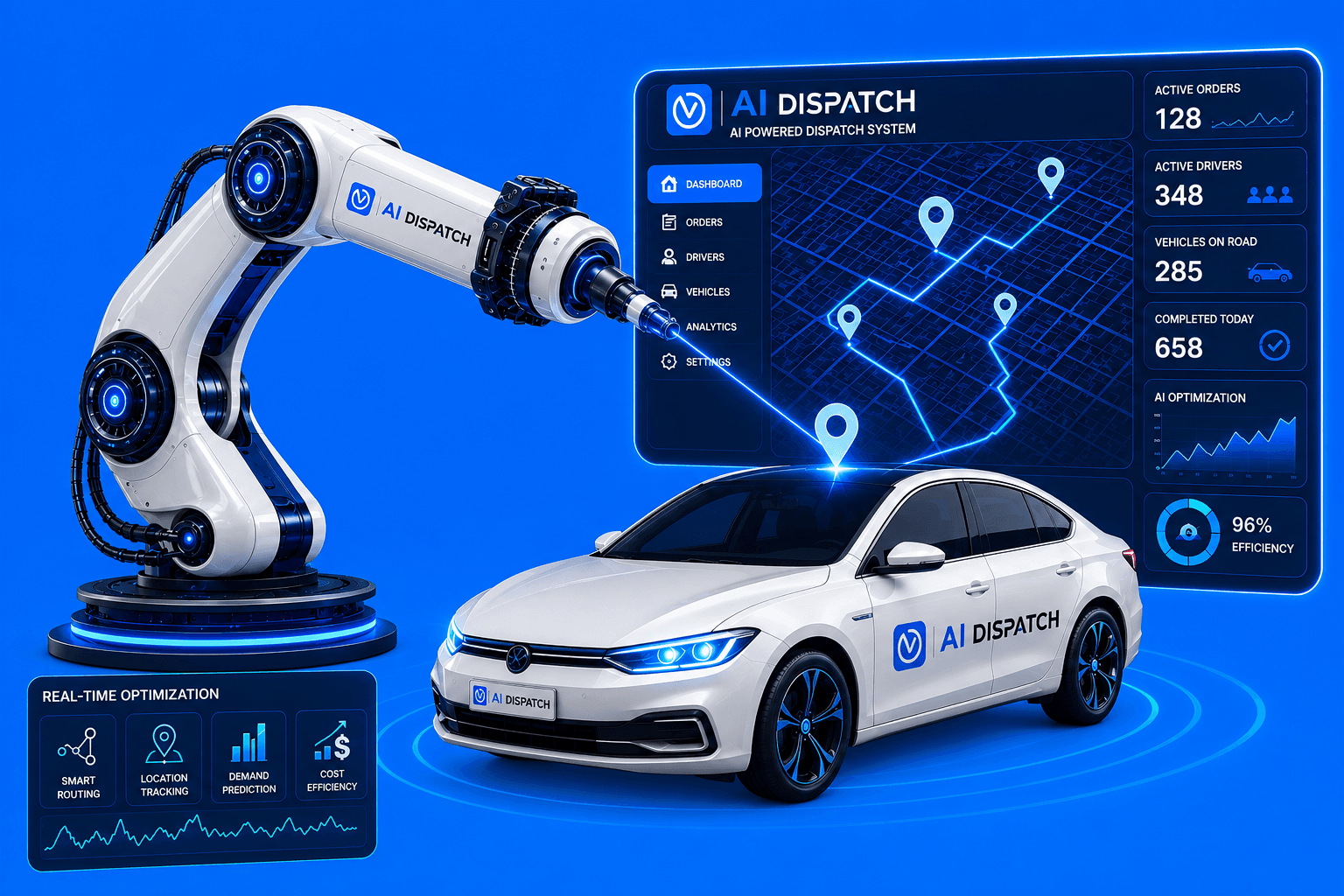 AI-powered dispatch system with robotic arm and fleet vehicle